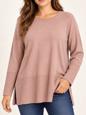 Blush Pink Tunic Sweater Relaxed Crew Neck Side Slit Raglan ANRABESS XL